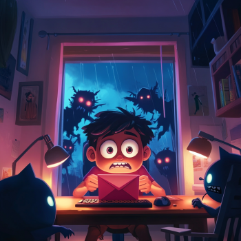 A terrified child sits behind the desk holding a big envelope, surrounded by glowing-eyed shadowy monsters inside the room and lurking ominously outside a window where rain is falling.